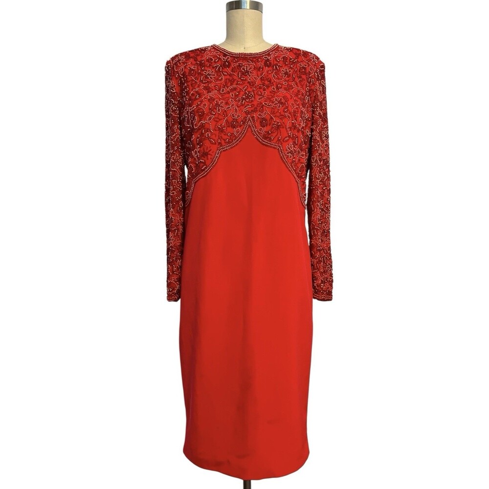 VTG Lillie Rubin Sz M/L Red Beaded Midi Dress Long Slv Chiffon Straight Skirt